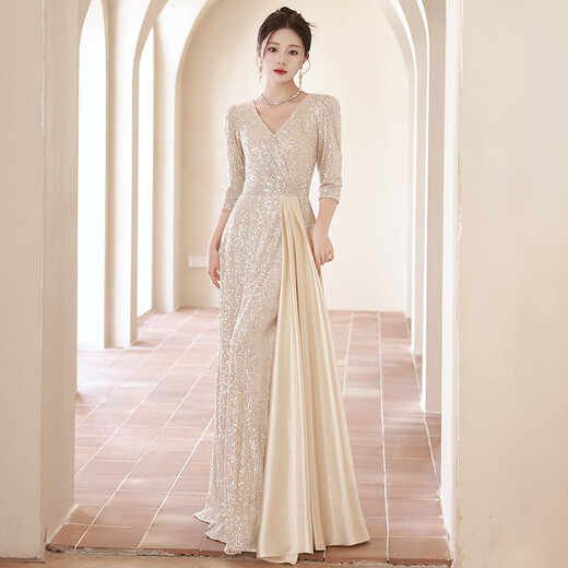 Yingwen Champagner-Farbabendkleid für Frauen neue Stil, leichte Luxus Nische High-End-Host-Pailletten Chor-Performance-Kostüm, Champagnerfarbe XL Vorschläge 110-120jin [Jin ist 0,5 kg]