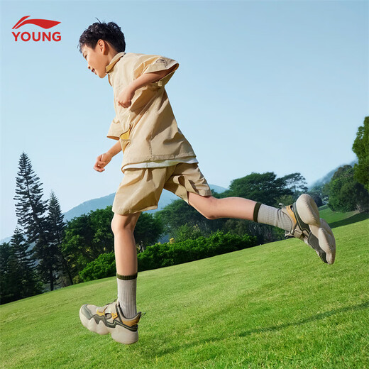 Li Ning children's shoes, children's sports shoes, men and women, summer hollow mesh sandals, soft and breathable frame shoes YKCV078 tea green/coast gray-1 37