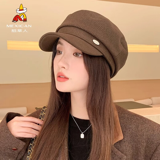 Scarecrow beret for women 2025 spring new Korean version ins fashion face-showing duck tongue octagonal hat British retro style coffee color one size