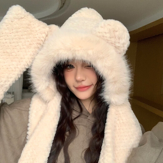 viney冬季帽子女新款围巾手套帽子可爱三件套小熊保暖毛绒帽围脖防寒 【米色礼盒装】包头帽子 均码 1个