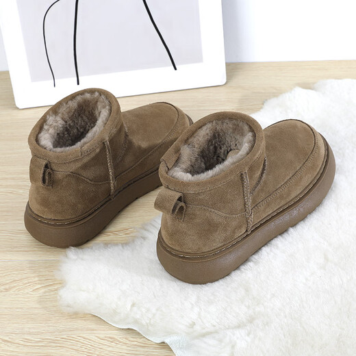 Belle-Ta Brand Botas de nieve de lana de cuero roto para mujeres Nuevos tubos cortos de suela gruesa de invierno más terciopelo con zapatos de algodón sin deslizamiento en espesas Color de regaliz (lana pura) 37