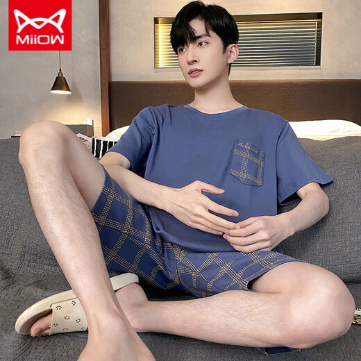 Catman Miiow Pajamas Summer Summer Shorts Shorts Shortved Sorthing Cotton Pure Fin Men's Summer Casual Relling Relling 9922 M 80-100Jin [Jin es igual a 0,5 kg]
