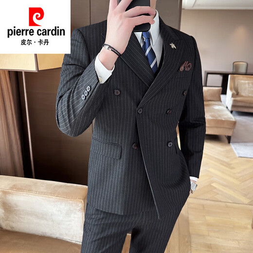 Pierre Cardin peaked lapel double-breasted suit men's slim suit plaid small suit business formal groom groomsmen wedding dress navy 3XL