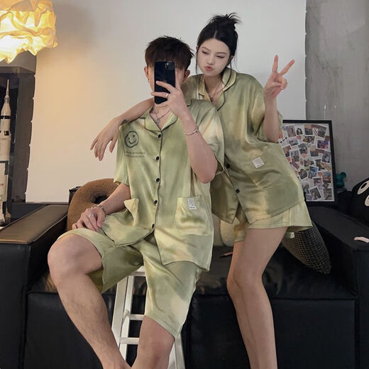 Clolv kissCK summer light luxury couple pajamas ice silk one male and one female student dormitory home clothes suit short-sleeved shorts CX418# gray letters high quality female M + male L 2 sets in total