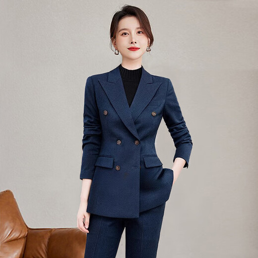ROMON high-end professional suit suit for women, thick temperament, autumn and winter work clothes, hotel manager gray casual suit, navy blue suit + trousers M