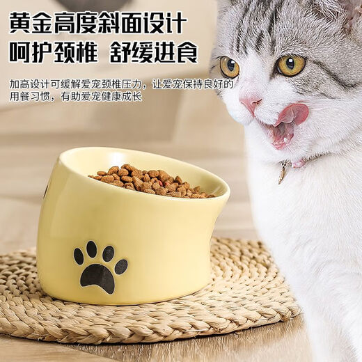 Shantou Lincun Neck protector to prevent black chin cat bowl Ceramic slanted mouth tall cat food bowl Cat drinking bowl cat food Neck protector to prevent black chin set Water bowl + food black Zhenselected ceramic cat bowl