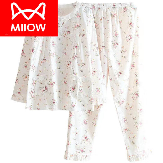 猫人（MiiOW）全棉斜纹布睡衣女春夏薄款长袖小清新碎花梭织纯棉布睡衣家居服套 玫红柠檬 6636 2XL 130 145斤左右