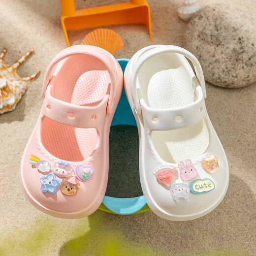 Children's Sandals Girls 2024 Summer New Style Mary Jane Princess Anti-Slip Soft Sole Parent-Child Girls Hole Slippers Cream White (Flower) 26-27 Inner Length 17.5cm