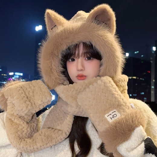 Zeng Chu Zeng Chu Fuchs Ohrhöhe Plüschhutschal integrierter Frauen Herbst und Winter 2023 neue niedliche Handschuhe warme dreiteilige beige Eingröße (Velvet hinzugefügt und verdickt)