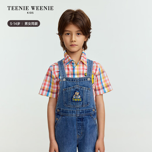 Teenie Weenie Kids 25 years new style retro modern denim suspender trousers for boys and girls, blue floral gray 150 cm