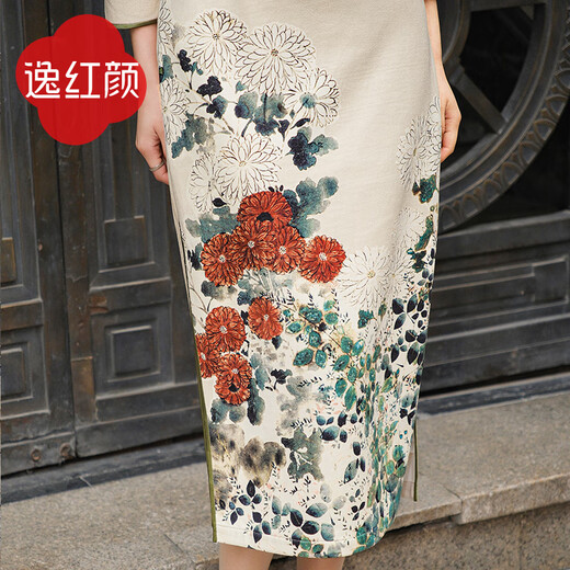 E.Beauty Nianchu 2025 Autumn New Arrival Knitted Positioning Printed Handmade Copper Wire Disc Button Cheongsam for Women Champagne M