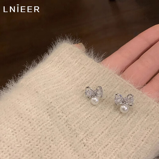 Lnieer999 Pure Silver Bow Pearl Earrings for Women Exquisite and High-end Niche Design Silver Earrings Temperament Silver Earrings Bow Earrings 999 Pure Silver