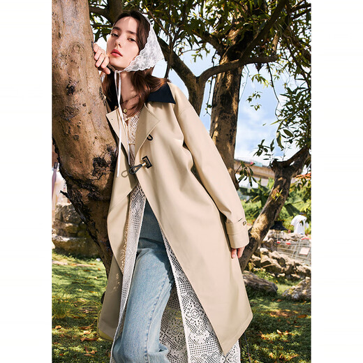 Betu Women's Autumn New Windbreaker Wilderness Maillard Color Block Lapel Windbreaker Jacket Women 2408T64 Khaki L