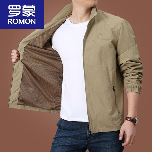 ROMON men's jacket spring and autumn fashion 2024 new casual jacket men's autumn loose thin autumn stand-up collar top 9898 khaki-plus thin velvet (small) L 175Specifications (145Jin [Jin equals about 0.5 kg])