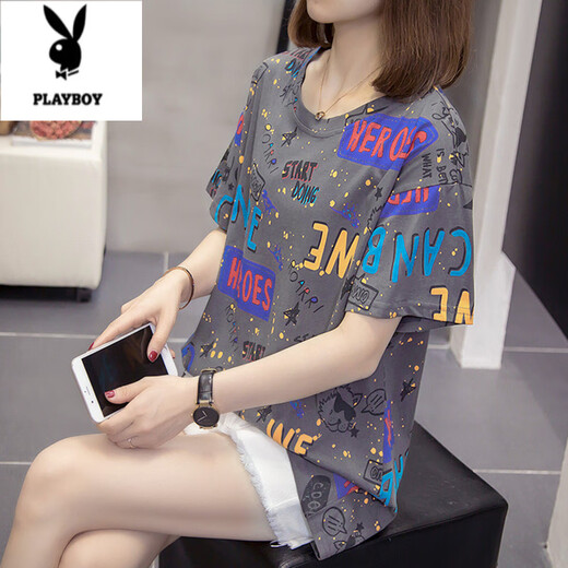 
Playboy (PLAYBOY) plus size to cover the belly and make it look slim top for women 2025 summer new fat mm casual loose cotton short-sleeved T-shirt for women 6624 green M about 80-95