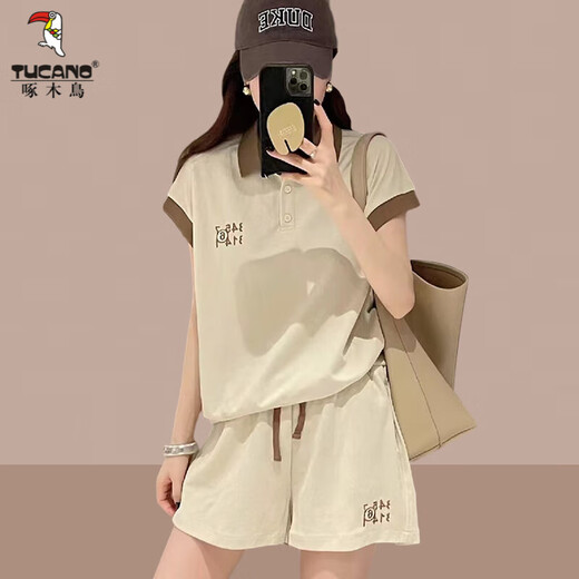 Вмески европейская станция Pure Cotton Wide Shorts Set Women's Women's 2025 Summer Loose Ship Shot Shoto Polo Casual Sport Trend Red [Краткий рукав + шорты с двумя частями] M Рекомендуется 95JIN [JIN равно 0,5 кг]