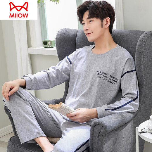 Catman (Miiow) Pyjamas für Männer im Frühjahr und Herbst Pure Cotton Longleved Teenagers Volle Baumwolle Largesize Sommer-Dünnhause-Kleidungsstück Q6627 Hollow C Letters Herren M [80-120jin [Jin gleich 0,5 kg]]]