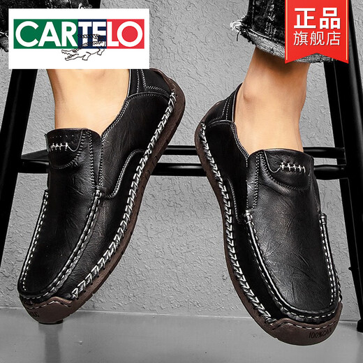Cartelo Lederschuhe Herren Frühling und Herbst 2025 Neue atmungsaktive lässige lässige Schuhe Herren echte Leder Weiche alleinige Lederschuhe Herrenschuhe Ein-Schritt-Bohnenschuhe schwarz [9916 Four Seasons] 38
