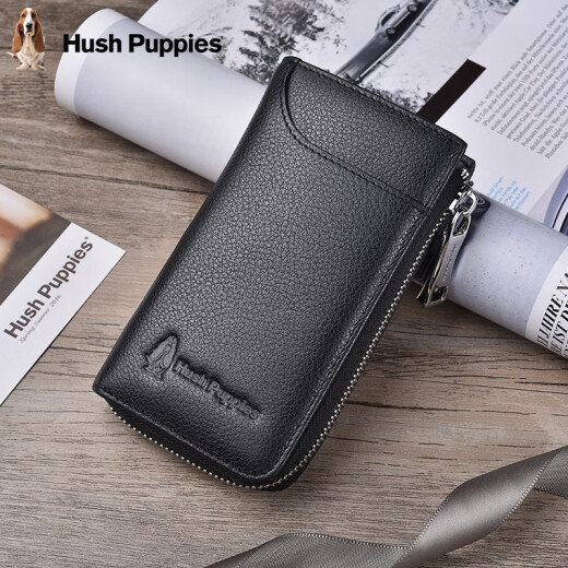 Hush Puppies key bag men's ID bag bank card access control card two-in-one genuine leather card bag portable key chain storage bag black HC-1811007W-577
