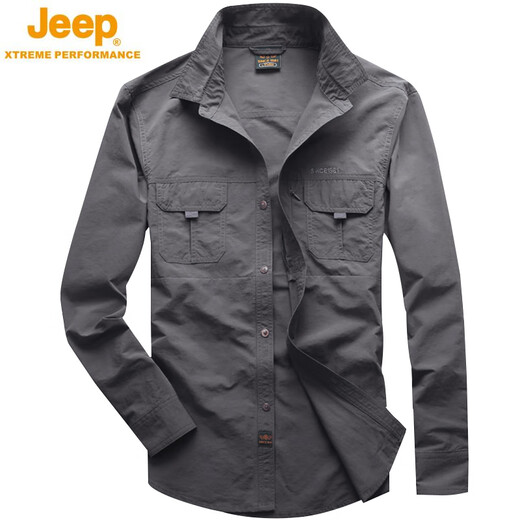 JEEP SPIRIT户外男装长袖衬衫春秋休闲时尚速干宽松大码男工装衬衣潮秋装上衣 1276黑色 M 体重125斤以下
