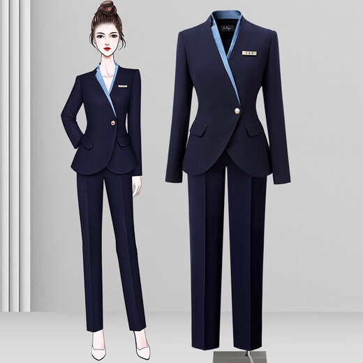 Weishipin autumn professional small suit suit for women new temperament high-end suit jewelry hotel sales work clothing summer navy blue suit + pants XL