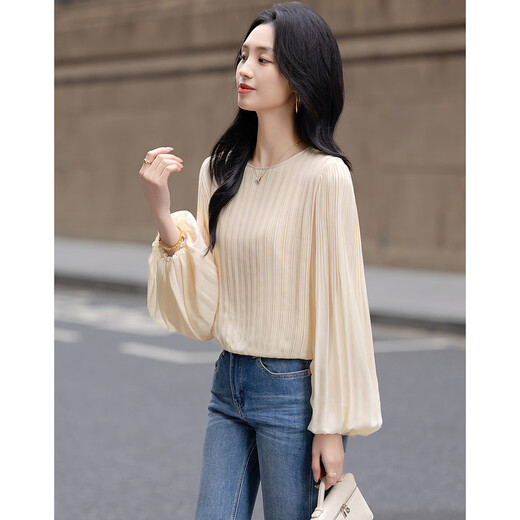 Demana Gentle Everyday Spring Cream Grainy Beaded Chiffon Shirt Lantern Sleeve Lady's Shirt Women's Top