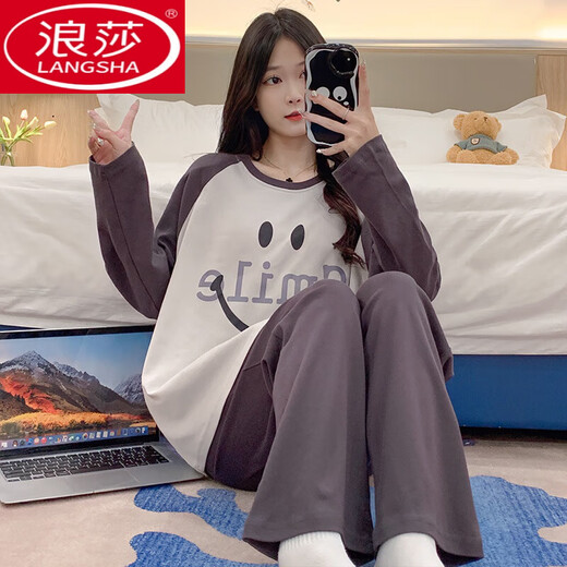 浪莎（LangSha）睡衣女春秋季长袖套装夏天2025新款女士简约可爱宽松秋款家居服 16802 M 【75斤-100斤】