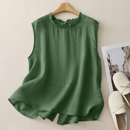 Jiandang große Frauenfette mm Sommerfront und Rücken mit zwei gewaschenen schwarzen Pilzkragen Hemd Frauen-Retro-ärmellose Single-Breasted-Hemd 6173 Khaki M [100-120jin [Jin gleich 0,5 kg]]]