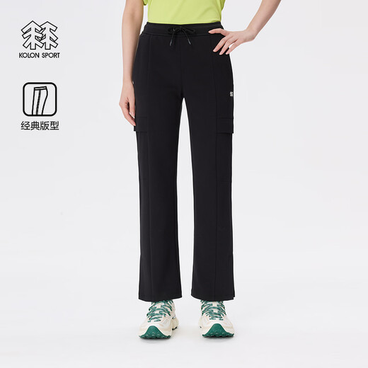 KOLON SPORT/可隆阔腿针织裤 女子混纺直筒松紧腰户外露营徒步工装休闲裤 LKLP5MT718-BK 黑色 M 165/74A