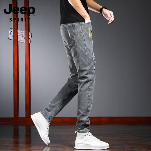 JEEP SPIRIT吉普破洞牛仔裤男士夏季薄款弹力修身小脚时尚潮流痞帅休闲长裤子 6636灰色【1条装】 29 【腰围2尺2】