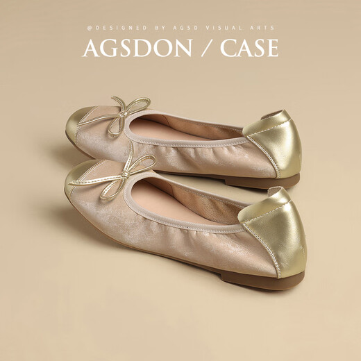 
Agsdon single shoes for women in autumn new style Chinese style retro bow beans shoes shallow mouth flat sole scoop shoes P543019 gold 38
