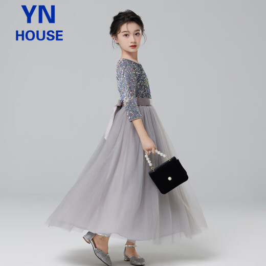 衣诺坊女童礼服长裙儿童花童女孩演出服 灰色纱摆长裙 160cm