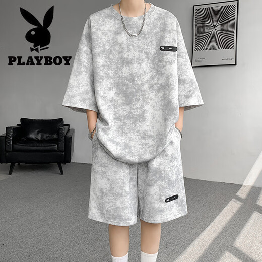 Playboy (PLAYBOY) summer suit men's niche design tie-dyeing 7-quarter sleeve T-shirt shorts trendy cool big size men's clothing set TZ757 tie-dyeing black L (recommended 110-125 Jin [Jin equals 0.5 kg])