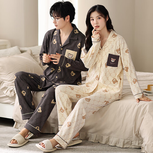 clolv kiss pajamas couple outfit one man and one woman spring and autumn pure cotton cardigan long sleeve cartoon ladies suit can be worn outside home clothes TSM967 M women