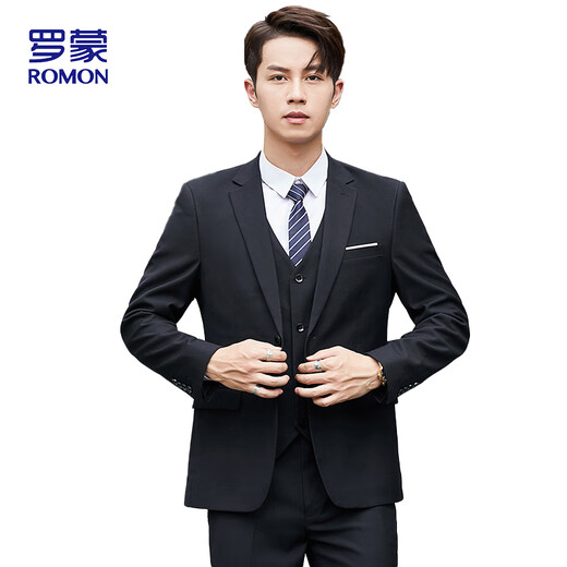 ROMON Suit Men's Slim Professional Formal Wear Groomsmen's Wear Wedding Dress Two-piece Set 2318 Black XL