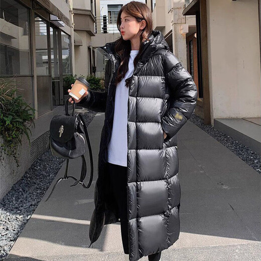 MARKYINXIANG Black Gold Down Jacket Women's 2025 New Winter White Duck Down High-end Fashion Long Over-Knee Thickened Hooded Jacket DH9276 Inman Black M (suitable for 90-120Jin[Jin equals 0.5 kg])