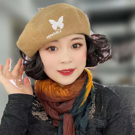 Gu Wenlun's hat with wig for middle-aged and elderly women in autumn and winter new fashion embroidered butterfly beret simulated short curly hair brick red hat (black brown hair) hair net