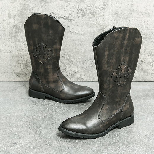 Yibaijian Western Cowboy -Stiefel Männer mongolische Reitstiefel hohe Rohrstiefel Pferdestiefel hohe Top -Stiefel hohe Top -Motorrad -Lederstiefel Herrenstiefel schwarz 42