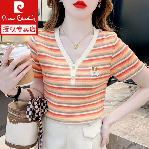 Pierre Cardin Color Striped V-Ausschnitt T-Shirt für Frauen kurzärmelig 2024 Sommer neues schlankes Hemd modische und vielseitige altersreduzierende obere orangefarbene Farbstreifen [6628%23] M 90-100jin [Jin gleich 0,5 kg]