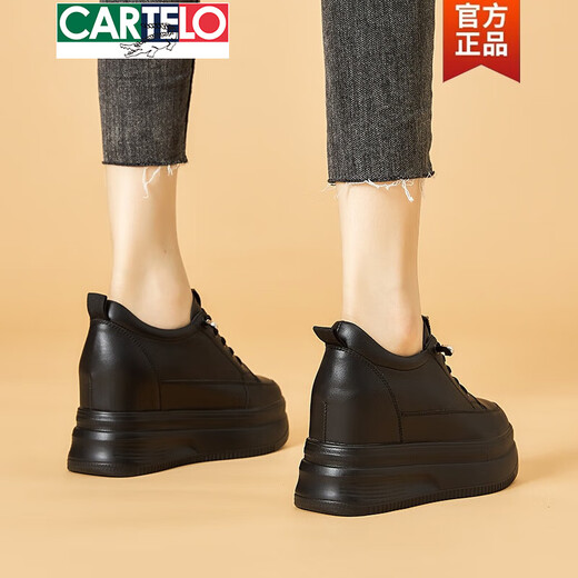 Cartelo schwarz innere Höhenverbesserung Frauenschuhe 2025 Neue kleine Schwammkuchenschuhe echtes Leder Leicht dicker Sohle vielseitig kleine schwarze Schuhe All Black 9 cm [677] 34