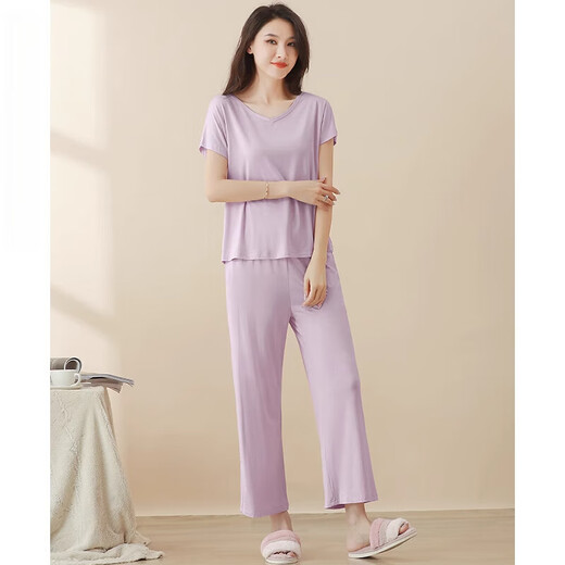 Pajamas modales para mujeres en verano de estilo delgado modal de manga corta con almohadillas en el pecho y pantalones de nueve puntos para ropa al aire libre. Juego de ropa para el hogar. Sedio de seda de hielo Sentimiento fresco. 841 negro (con almohadillas en el pecho) l