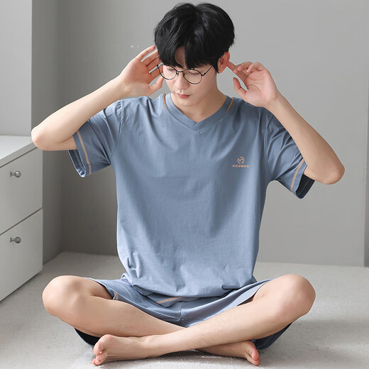 浪莎男士睡衣冰丝莫代尔触感可外穿夏季V领简约休闲家居服套装 浅蓝 XL