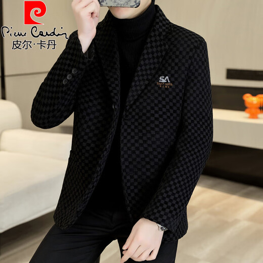 皮尔卡丹春秋季格子毛呢西服男士韩版修身加棉加厚保暖短款呢子小西装外套 加绒 灰色【加厚】 2XL 135-150斤