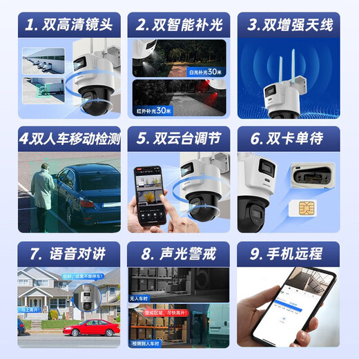 Hikvision 4G surveillance camera 4 million full color night vision human and vehicle detection panoramic details dual camera HD voice two-way intercom outdoor waterproof remote monitoring home use 3Q144 [can be viewed by computer] 4G dual-purpose network cable, get 256G memory card