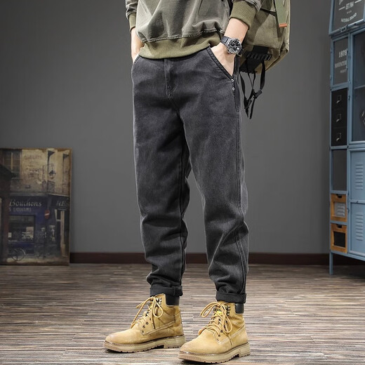名面夏季潮牌新款男士牛仔裤宽松休闲裤高端哈伦小脚长裤 黑色 38 （180-200斤）