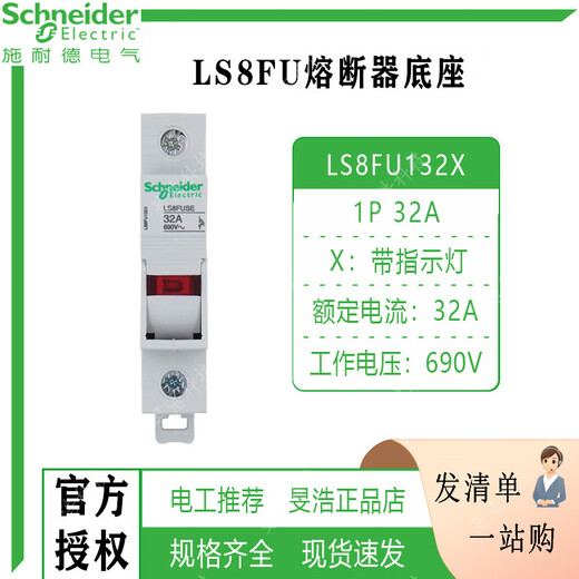 Schneider -Sicherungsbasis 690V 1p/2p/3p/4p 32a mit Indikatorlicht 10*38 mm ohne Schmelzkern LS8FU132X 1p 32A