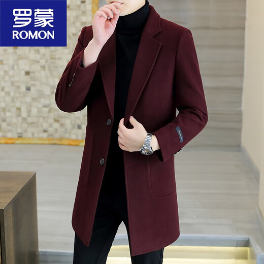 ROMON winter thickened woolen coat men's Korean style slim mid-length windbreaker youth casual woolen woolen coat trendy black plus cotton and thickening XL 125140Jin Jin equals 0.5 kg