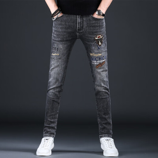 
Ke Jiehao embroidered jeans 2024 spring and autumn new small foot slim casual pants Hong Kong high-end stretch gray trendy brand men's pants OD-A675 regular 32 [2 feet 5]140-149Jin [Jin equals 0.5 kg]