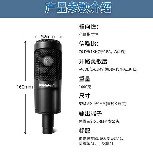 Burren Bell BL-500 condenser microphone audiobook recording equipment professional anchor recitation dubbing broadcast set recording studio grade BL-500 + Yamaha UR12 set (book recording recommended)