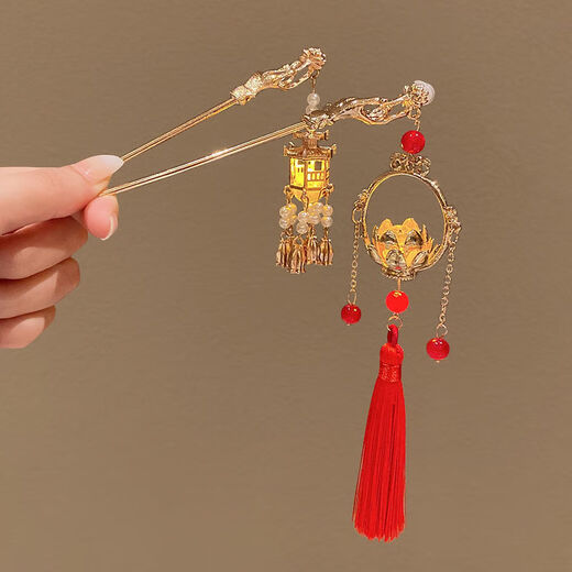 Indian rice (ENRMIIV) high-end luminous hairpin, retro tassel palace lantern hairpin, women's ancient style headwear, Hanfu hair accessories, Mid-Autumn Festival hairpin, golden lantern hairpin, red pavilion